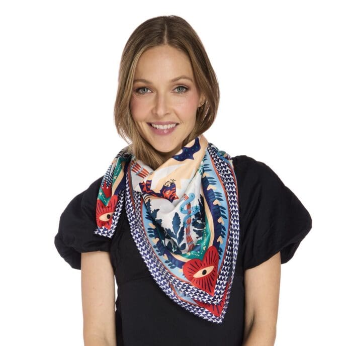Ciao Amore Print Blue Medium Square Scarf Designed by Wild Paris - Recycled Polyester