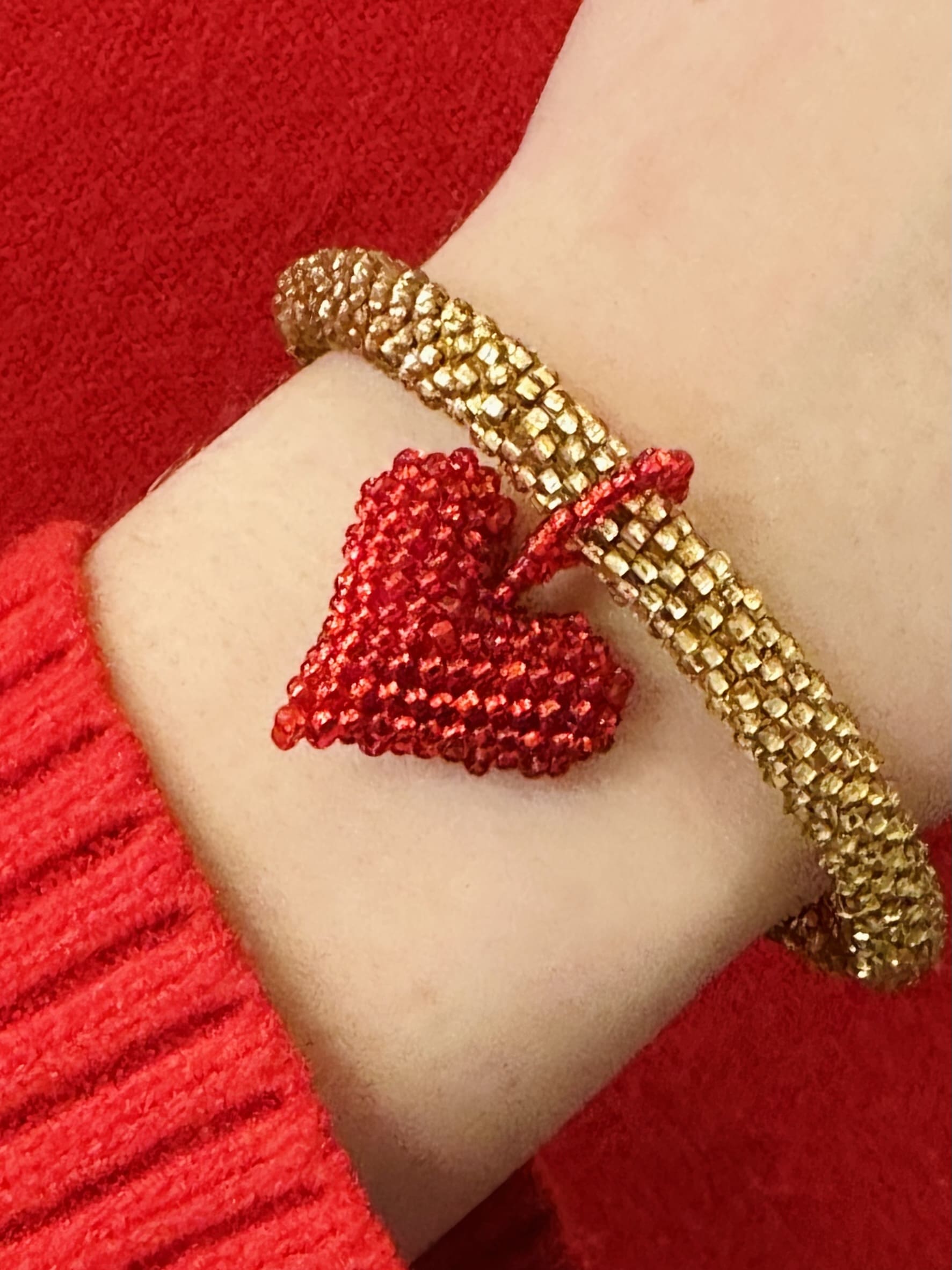 Gold Crochet Red Heart Bracelet