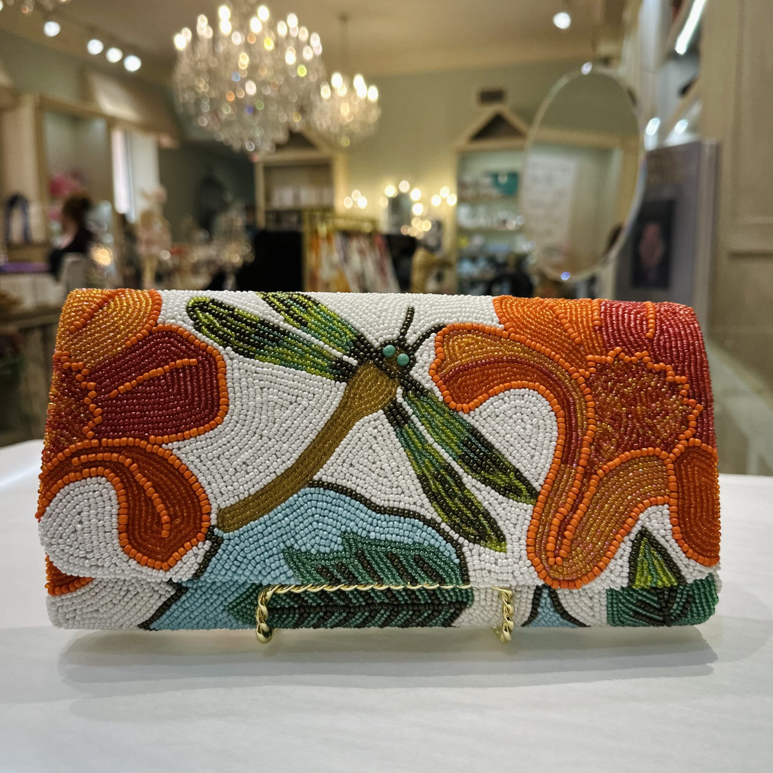 Colorful Beaded Dragon Fly Clutch w/Chain Strap