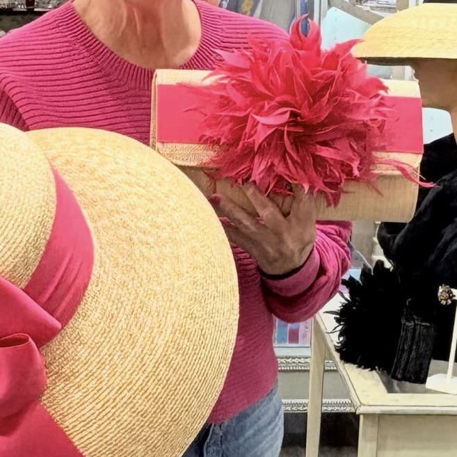 Beautiful Straw Clutch with Hot Pink Band & Hot Pink Feather