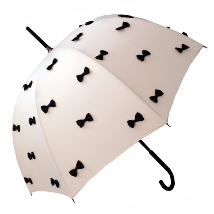 Guy de Jean - “Lolita” Umbrella 56/8 Mat Bois Noir Rond Uni+Noeuds Cousus Poignee - Ivory
