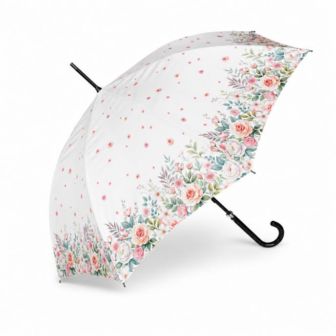 Guy de Jean - "Flowers" Full-Size Umbrella LONG AUTO 60/8 Imprime Fleurs+Poignee Courbe
