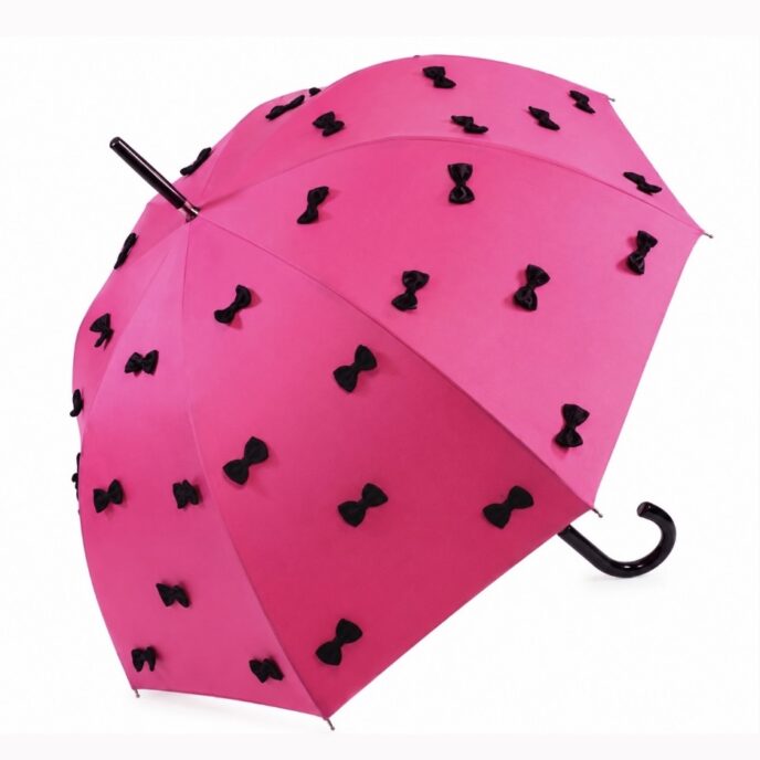 Guy de Jean - “Lolita” Umbrella 56/8 Mat Bois Noir Rond Uni+Noeuds Cousus Poignee - Pink