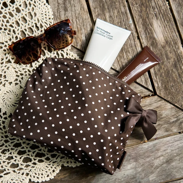 Crinkle Make-up Bag Espresso Dot Bow - Image 2