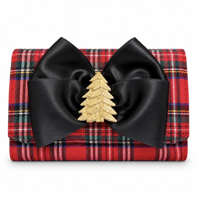 *Holiday - Red Plaid Scallop Ruby Black Bow w/Double Tree **PRE-ORDER