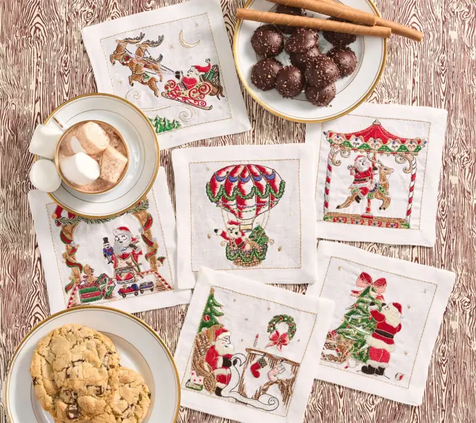 Kim Seybert - Santa Cocktail Napkins White/Multi; Set of 6