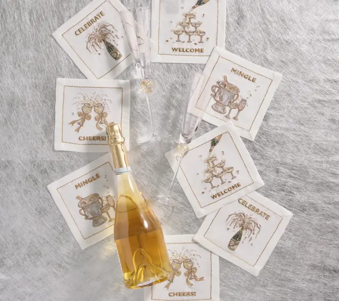 Kim Seybert - Cheers Cocktail Napkin White/Gold/Silver, Set of 8 in a gift box