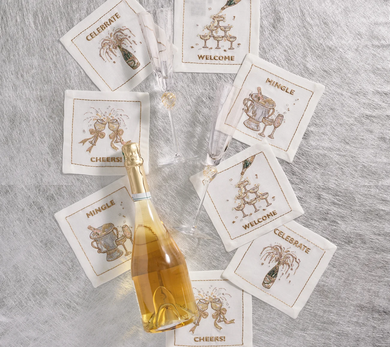 Kim Seybert - Cheers Cocktail Napkin White/Gold/Silver, Set of 8 in a gift box